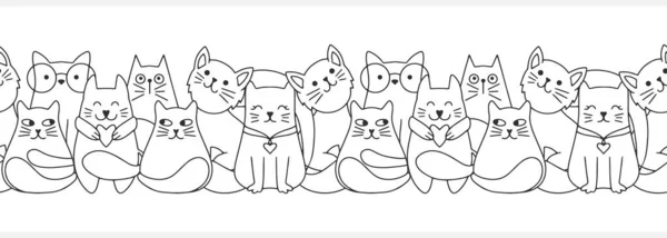 Doodle Cat Seamless Border Hand Drawn Art Line Sketch Animal — Wektor stockowy