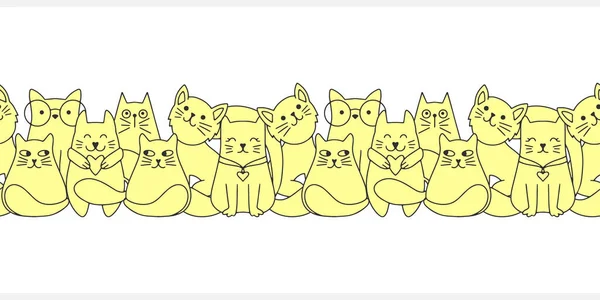 Котячий Кіт Безшовний Кордон Рука Намальована Художня Лінія Ескіз Тварини — стоковий вектор
