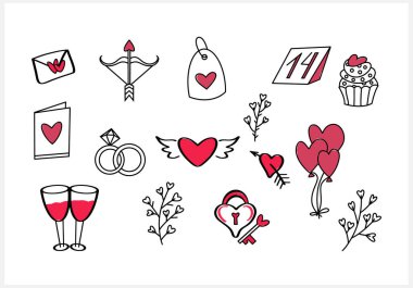 Doodle romantic set icons isolated. Velentine clipart. Sketch for wedding, love or birthday. Outline vector stock illustration. EPS 10
