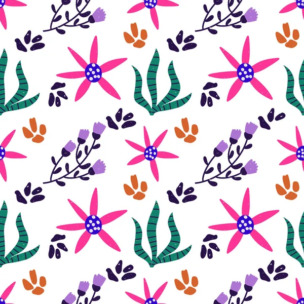 Boho Flower Leaf Seamless Pattern Hand Drawn Background Cartoon Vector — Image vectorielle