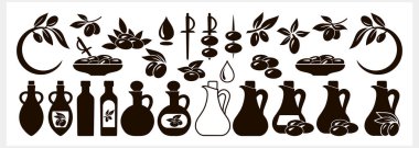 Zeytin parçası. Yaprak ve meyveli dal soyutlanmış. Zeytin yağı, şablon taşıyıcı, hisse çizimi. EPS 10