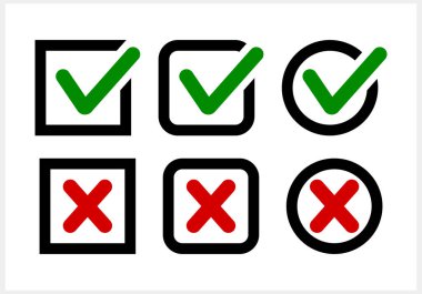 Yeşil kene ve kırmızı haç simgesi işaretleme kümesi ayarlandı. X, evet, sembol yok. Vektör stok illüstrasyonu