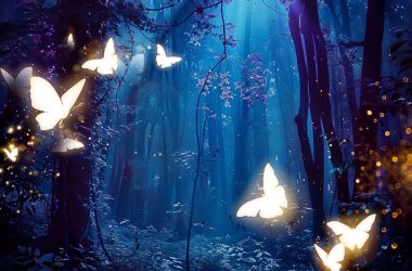 Sihirli kelebek, parlayan peri, sihir, gece, doğa, parıltı, izole edilmiş