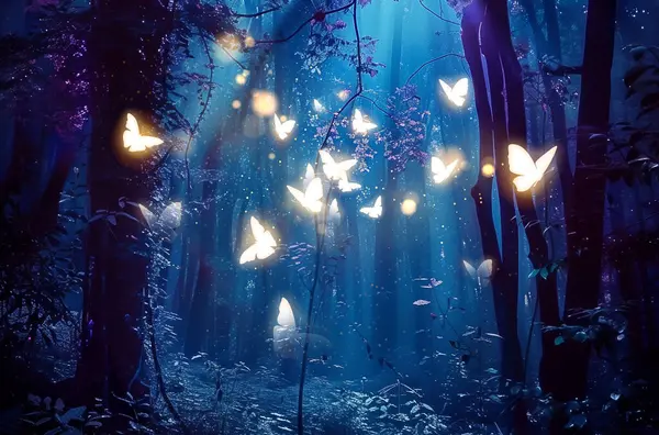 Sihirli kelebek, parlayan peri, sihir, gece, doğa, parıltı, izole edilmiş