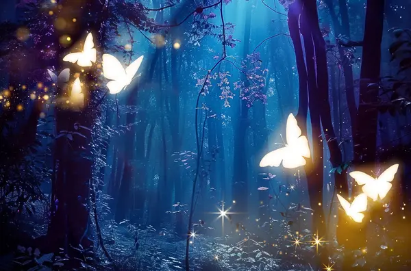 Sihirli kelebek, parlayan peri, sihir, gece, doğa, parıltı, izole edilmiş