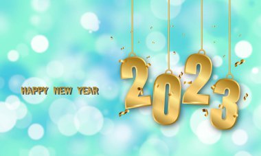 Mutlu yıllar 2023. Kurdeleli ve konfetili altın 3D numaralar asmak
