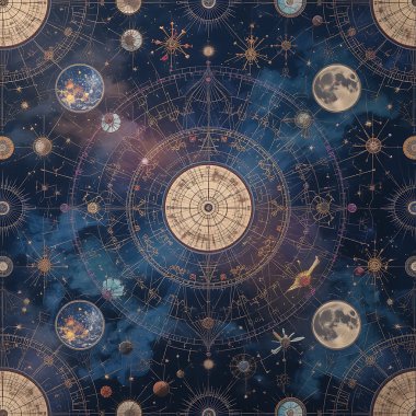Takımyıldızlarından ve astronomiden esinlenilmiş karmaşık Tayland ipeği deseni, yıldız haritaları, uydular ve parlak ipek dokular, koyu bir çivit arkaplan üzerinde yumuşak mücevher tonlarında