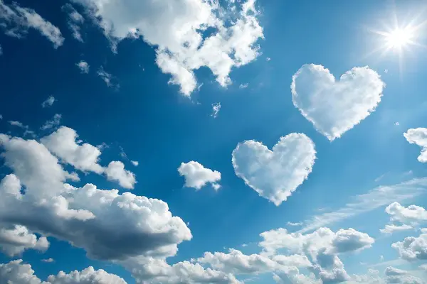 Güneşli mavi arkaplanda kalp şeklinde bulutlar