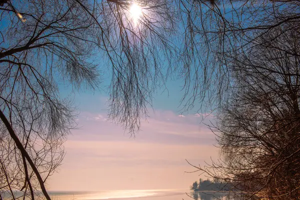 Nehir kıyısında bahar manzarası Pembe gökyüzü