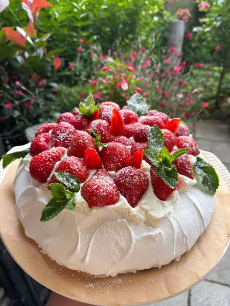 Beyaz ve pembe üzümlerle süslenmiş taze nane yapraklarıyla süslenmiş ev yapımı Pavlova pastası. Açık havada, çiçek açan pembe çiçeklerle yakalanmış.