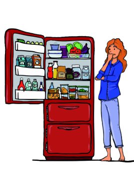 Donna Perplessa Davanti Frigorifero. Disegno di una donna in fase riflessiva davanti ad un frigorifero aperto e pieno di cibarie di vario genere