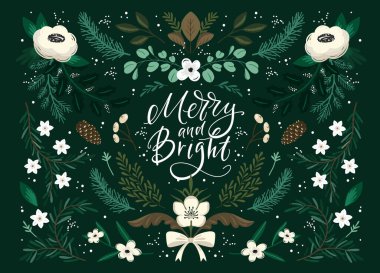 Vector Christmas greeting card with Winter botanical and lettering on dark background clipart