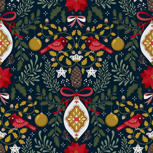 Patrón Sin Costura Simetría Navidad Vectorial Con Decoraciones Navideñas Botánica — Archivo Imágenes Vectoriales