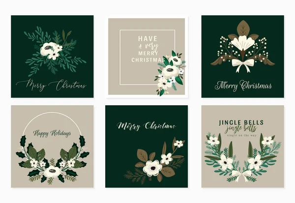 Conjunto Vetorial Cartões Felicitações Natal Com Botânica Inverno Letras — Vetor de Stock