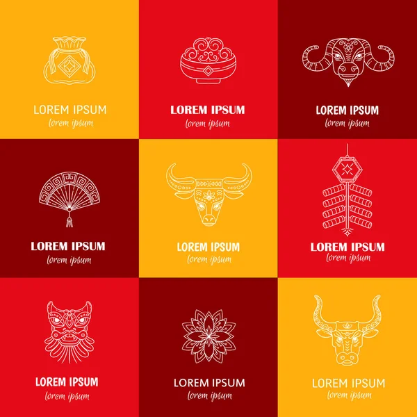 Vector Chinese New Year Line Icons Isolated White Background Year — Stock Vector