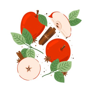 Yeşil yapraklı elma meyveleri, tarçın ve beyaz arka planda izole edilmiş anason yıldızları. Sonbahar bayramı tebrik kartı, Şükran Günü, Shana Tova, hasat zamanı.