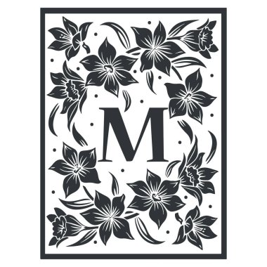 Harfli vektör soyut linocut çiçek şablonu. Modern moda minimal tarz. Siyah ve beyaz renkler. Duvar kağıdı, duvar dekorasyonu, baskı, kartpostal, kapak, şablon için botanik engelleme.