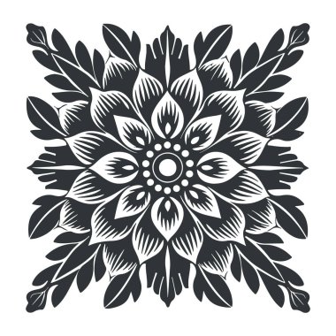 Vektör soyut linocut çiçek şablonu. Modern moda minimal tarz. Siyah ve beyaz renkler. Botanik tıkanıklığı. Duvar kağıdı, duvar dekoru, baskı, kartpostal, kapak, şablon için mandala tasarımı.