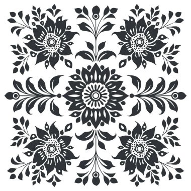 Vektör soyut linocut çiçek şablonu. Modern moda minimal tarz. Siyah ve beyaz renkler. Botanik tıkanıklığı. Duvar kağıdı, duvar dekoru, baskı, kartpostal, kapak, şablon için desen tasarımı.