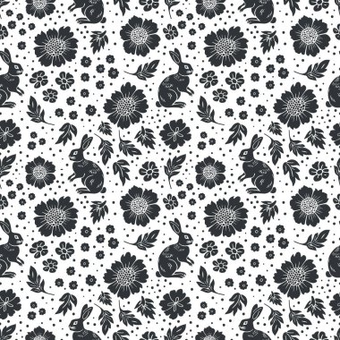 Vektör desensiz linocut çiçekler ve tavşanlar. Modern moda minimal tarz. Siyah ve beyaz renkler. Botanik tıkanıklığı. Duvar kağıdı, duvar dekoru, baskı, kartpostal, kapak, şablon için tasarım.
