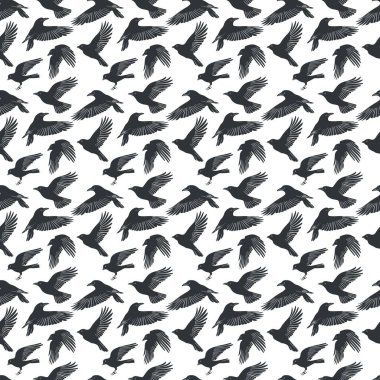 Kuşlarla kesişmeyen vektör desenli linocut. Modern moda minimal tarz. Siyah ve beyaz renkler. Botanik tıkanıklığı. Duvar kağıdı, duvar dekoru, baskı, kartpostal, kapak, şablon için el çizimi tasarımı.