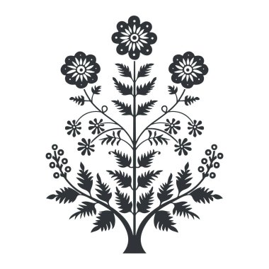 Vektör linocut çiçek posteri şablonu. Modern moda minimal tarz. Siyah ve beyaz renkler. Botanik tıkanıklığı. Duvar kağıdı, duvar dekorasyonu, baskı, kartpostal, kapak, şablon için halk sanatı tasarımı.