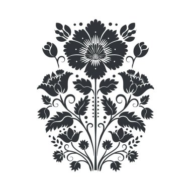 Vektör linocut çiçek posteri şablonu. Modern moda minimal tarz. Siyah ve beyaz renkler. Botanik tıkanıklığı. Duvar kağıdı, duvar dekorasyonu, baskı, kartpostal, kapak, şablon için halk sanatı tasarımı.