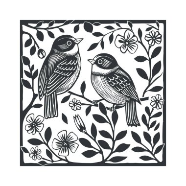 Kuşlarla linocut poster şablonu. Modern simetri asgari düzeyde. Siyah ve beyaz renkler. Botanik tıkanıklığı. Duvar kağıdı, duvar dekoru, baskı, kartpostal, kapak, şablon için tasarım.