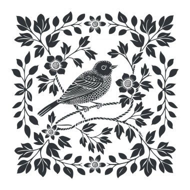 Kuş ve çiçekli vektör linocut poster şablonu. Modern moda minimal tarz. Siyah ve beyaz renkler. Botanik tıkanıklığı. Duvar kağıdı, duvar dekoru, baskı, kartpostal, kapak, şablon için tasarım.