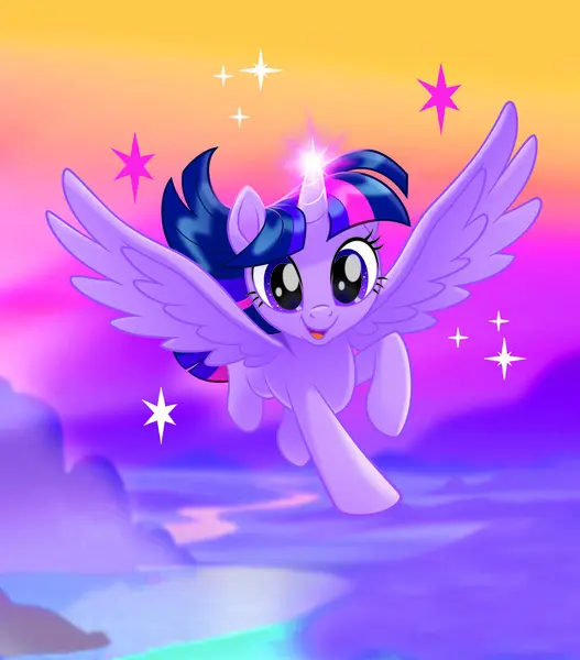 Gökkuşağı arka planında tek boynuzlu at çizgi filmi..