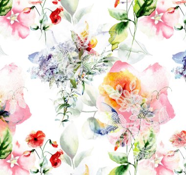 Soyut çiçekler, yapraklar ve meyvelerle renksiz çiçek desenleri. Kırsal vintage biçimi, kaynak biçimi veya duvar kağıtları ile suluboya iz beyaz arkaplanda izole