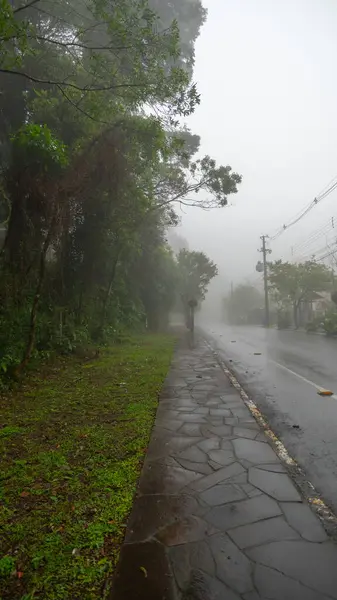 Street with drizzle and fog in the city of Gramado in Rio Grande do Sul - Rua Demetrio Pereira dos Santos near Lago Negro