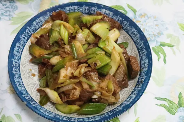 stock image close up of homemade Hong Kong domestic style stir fried beef and Celery with soy sauce