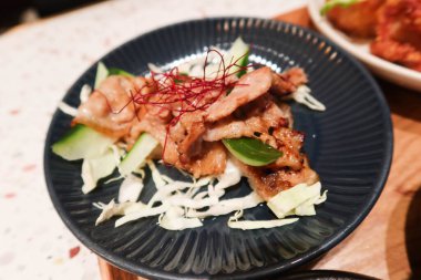 Japon usulü kızarmış domuz etini siyah tabakta yakın plan.