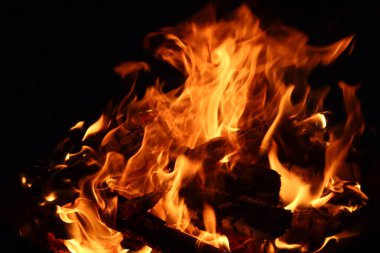 Geceleri yanan odun kömürlerinden oluşan bir kamp ateşinde, alevlerin kapağını kapatın.