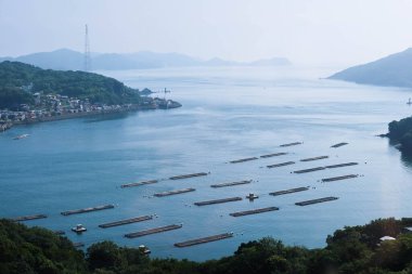 Ise, Mie, Japan- 19 Jul 2024: oyster yard farm field floating on the sea for farming pearl and seafood on a blue sea with hills near by located in Ise Bay clipart