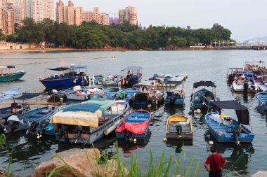 Castle Peak Bay, Sam Shing, Tuen Mun, Hong Kong - 15 Eylül 2024: Birçok balıkçı teknesi gün batımında Çinli turistlerle birlikte kıyıya yanaştı.