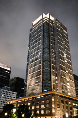 Marunouchi Binası, Tokyo İstasyonu, Tokyo, Japonya - 25 Ekim 2024: dış aydınlatma ile aydınlatılmış gece bina