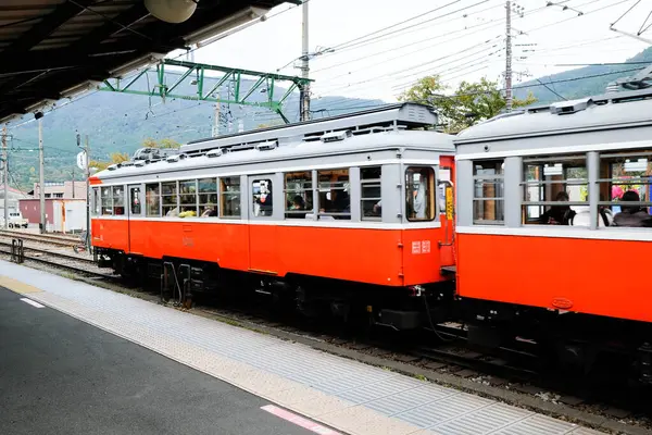 Gora, Japonya- 29 Ekim 2024: Hakone Tozan Demiryolu treni gündüz vakti Gora 'daki tren istasyonundan geçiyor