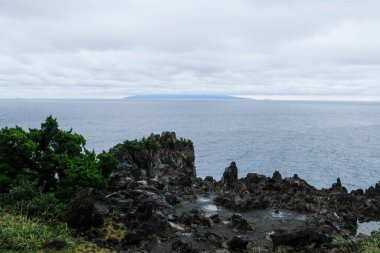Izu 'daki Jogasaki Sahili' nde uçurum manzarası ve deniz kıyıları mavi gökyüzü ve deniz ile kopyalama alanı