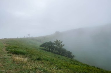 Omuro Dağı, Izu tobu, Ito, Shizuika Japonya 'da sisli bir günde dağ manzaralı yeşil ağaçlar çim tarlalarında küçük evler ve küçük ağaçlar.
