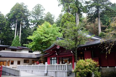 Hakone Tapınağı, Hakone, Japonya- 27 Ekim 2024: Aslan taşından heykeli olan ana binanın tapınak girişi ve tapınağın dışında insanlar ve arkada ağaçlar