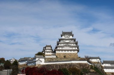 Himeji Şatosu, Himeji, Japonya - 12 Aralık 2024: Eski Himeji şatosunun dış yüzeyi, güneşli bir günde tepedeki alçak bir açıdan fotokopi uzayı.