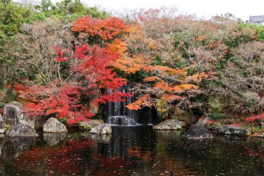  Japanese garden located next to Himeji Castle in autumn with red and yellow leaves on trees and pond with reflection in wabi sabi garden clipart