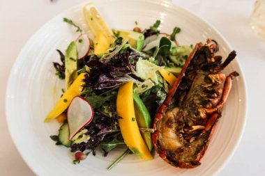 Salatayı mango, turp, lahana ve yarım ızgara ıstakozla kaplayın. 