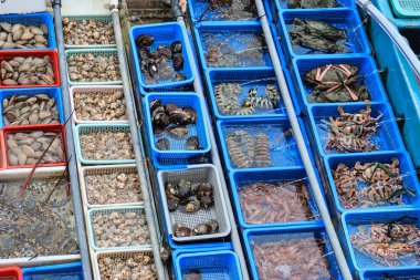 Deniz ürünleri pazarı Sai Kung, Hong Kong 'da ıstakozlar, balıklar, kabuklular, yengeçler, karidesler, karidesler ve kabuklu deniz ürünleri de dahil olmak üzere plastik tepsilerde depolanmış deniz ürünleri serisi ile satılıyor.