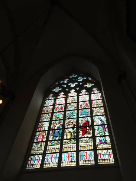 Sint-Salvatorskathedraal, Bruges, Belçika - 15 Mar 2016: St. Salvator Katedrali (Kurtarıcı ve St. Donat Katedrali) renkli cam pencere ve cam sanat