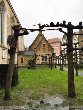 Meryem Ana, Bruges Kilisesi, Batı Flanders, Belçika, Avrupa - 15 Mar 2016: Bulutlu bir günde bir çerçeve gibi bir sürü orman çiti ile kilisenin dışı