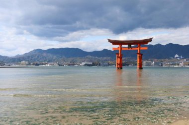 Miyajima, Hiroşima, Japonya - 9 Aralık 2024: Bulutlu bir günde kayalar ve deniz yosunlarını gösteren sığ suyla gündüz vakti Itsukushima Tapınağı 'nın Torii Kapısı' nda yüzen kırmızı shinto