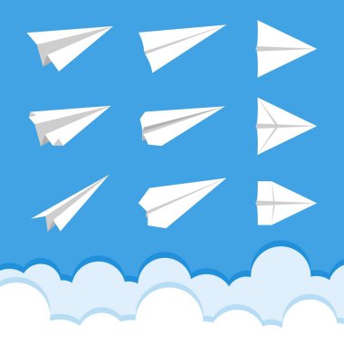 Beyaz Kağıt Düzlem Simgelerinin Vektör Koleksiyonu. Mavi Gökteki Kağıt Uçak Çizimi.